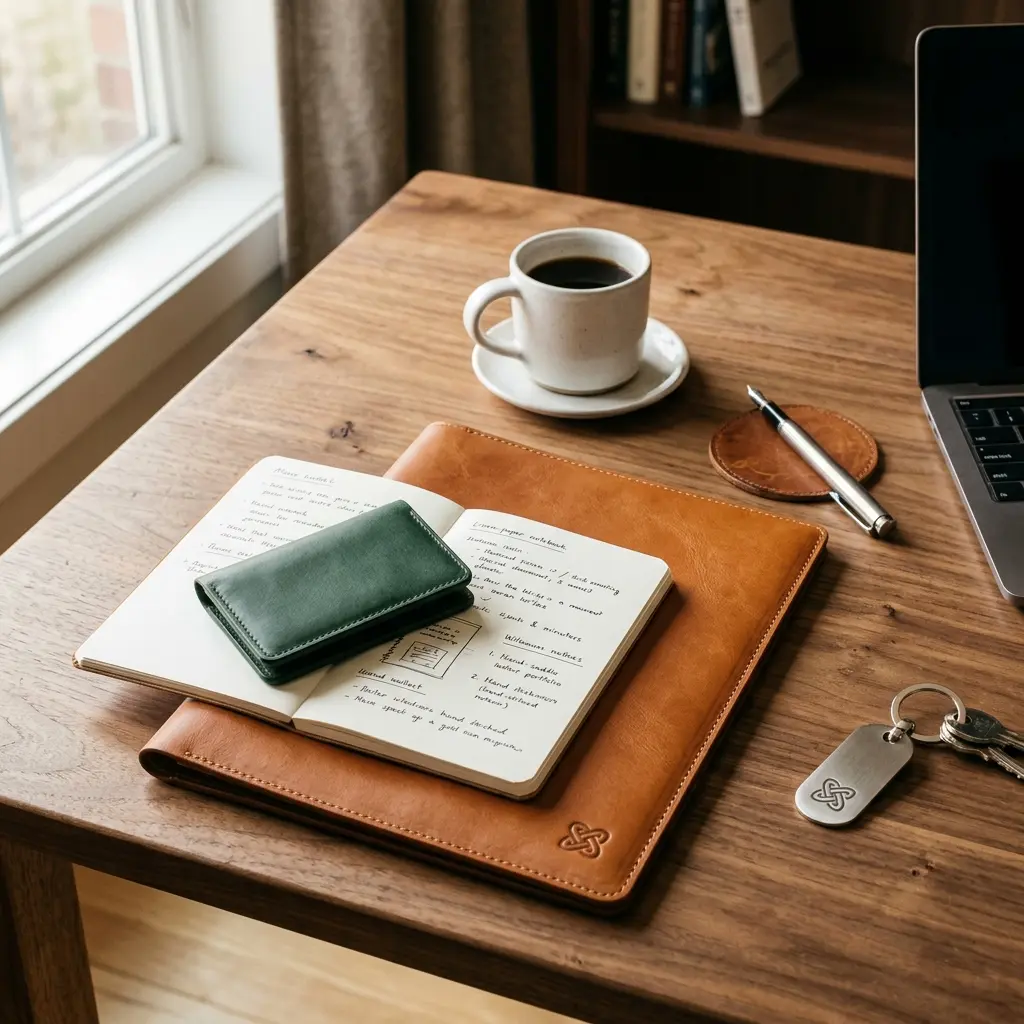 Branded leather gift set on a desk