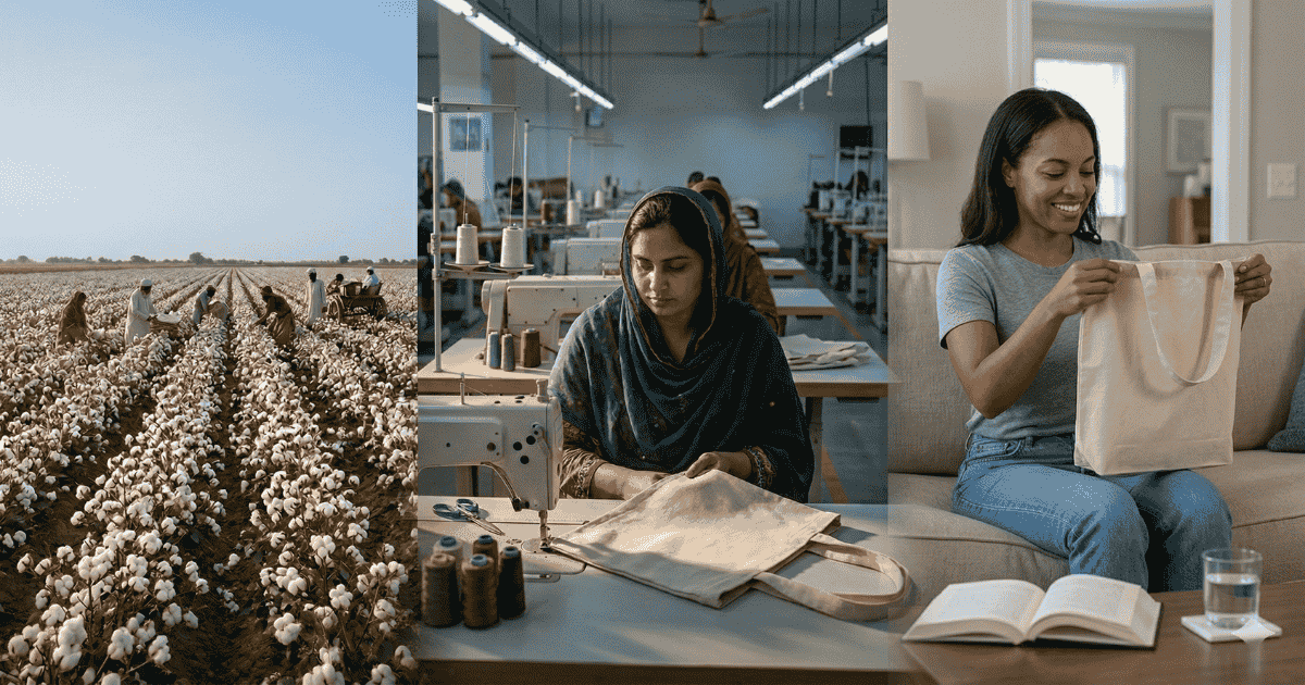 Wovenary supply chain — from cotton fields to factory production to finished tote bags delivered to customers