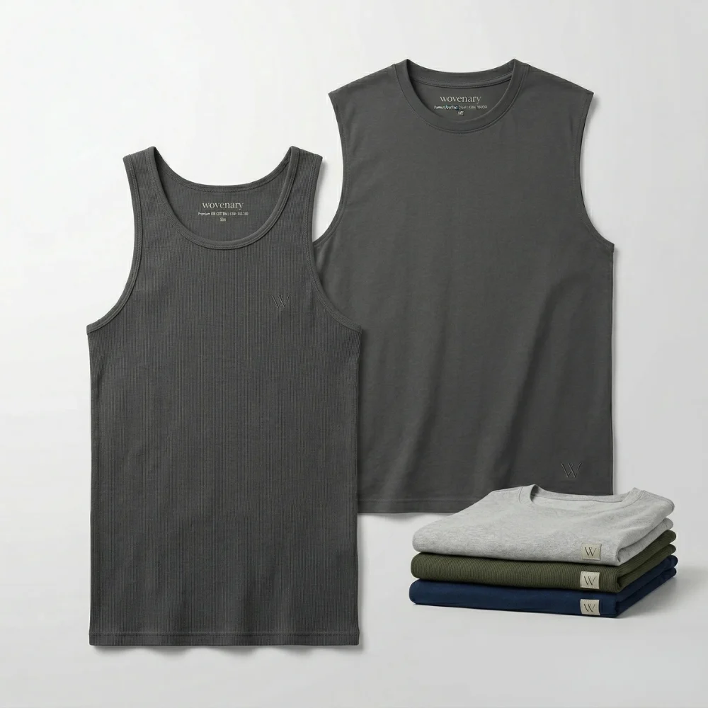 Essential sleeveless vest — ribbed and smooth cotton wholesale with Wovenary branding